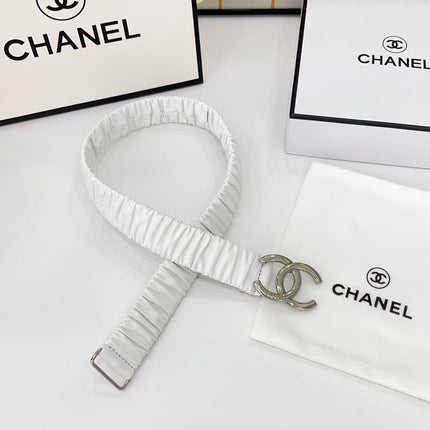 DOUBLE C ELASTIC BELT 30MM IN WHITE CALFSKIN SILVER HARDWARE