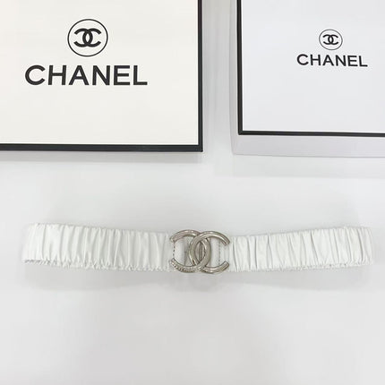 DOUBLE C ELASTIC BELT 30MM IN WHITE CALFSKIN SILVER HARDWARE