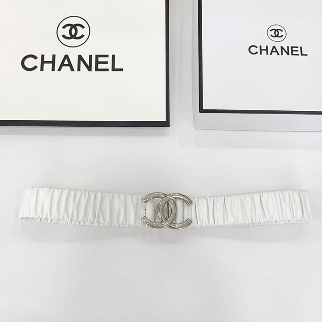 DOUBLE C ELASTIC BELT 30MM IN WHITE CALFSKIN SILVER HARDWARE