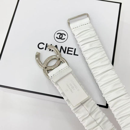 DOUBLE C ELASTIC BELT 30MM IN WHITE CALFSKIN SILVER HARDWARE
