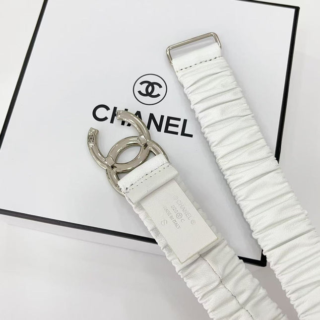 DOUBLE C ELASTIC BELT 30MM IN WHITE CALFSKIN SILVER HARDWARE