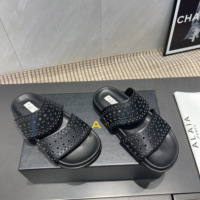 ALAIA CHUNKY TWO-STRAP SLIDES 25S IN BLACK CALFSKIN