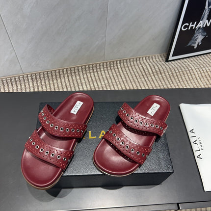 ALAIA DOUBLE-STRAP SANDALS 25S IN DARK RED CALFSKIN
