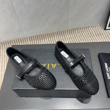 ALAIA MARY JANE FLATS WOVEN PATTERN 25S IN BLACK CALFSKIN