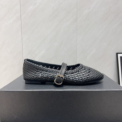 ALAIA MARY JANE FLATS WOVEN PATTERN 25S IN BLACK CALFSKIN