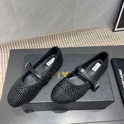 ALAIA MARY JANE FLATS WOVEN PATTERN 25S IN BLACK CALFSKIN