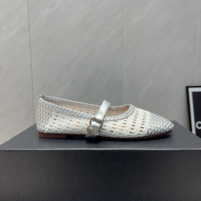 ALAIA MARY JANE FLATS WOVEN PATTERN 25S IN WHITE MIX GREY CALFSKIN
