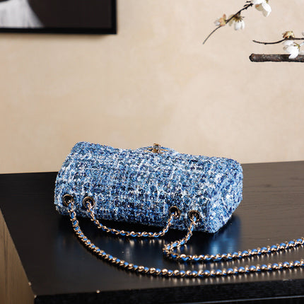 CHANEL 25S FLAP BAG 21 CM IN BLUE SEQUINED TWEED WITH GOLD HARDWARE
