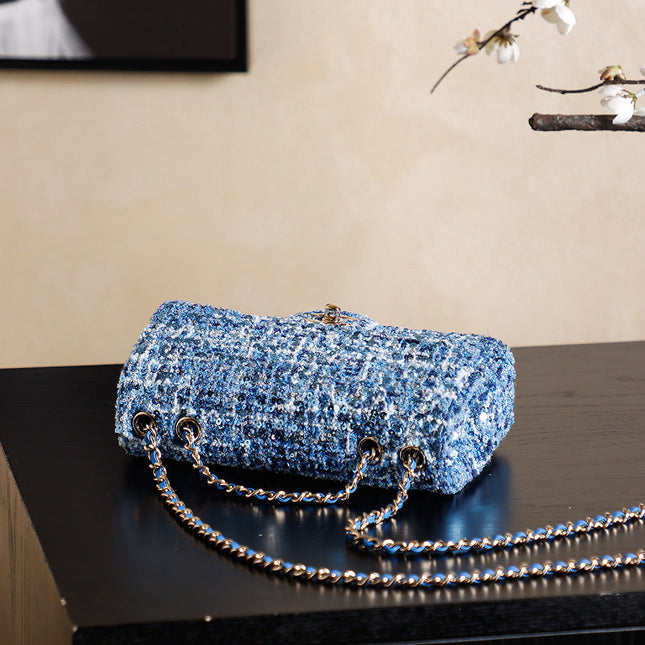 CHANEL 25S FLAP BAG 21 CM IN BLUE SEQUINED TWEED WITH GOLD HARDWARE