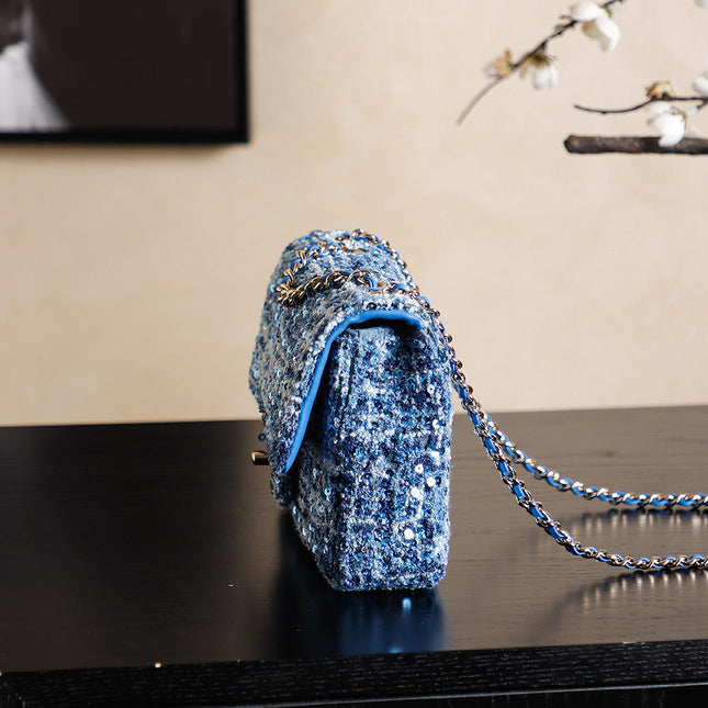 CHANEL 25S FLAP BAG 21 CM IN BLUE SEQUINED TWEED WITH GOLD HARDWARE