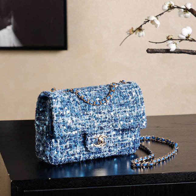 CHANEL 25S FLAP BAG 21 CM IN BLUE SEQUINED TWEED WITH GOLD HARDWARE