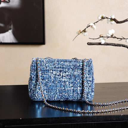 CHANEL 25S FLAP BAG 21 CM IN BLUE SEQUINED TWEED WITH GOLD HARDWARE