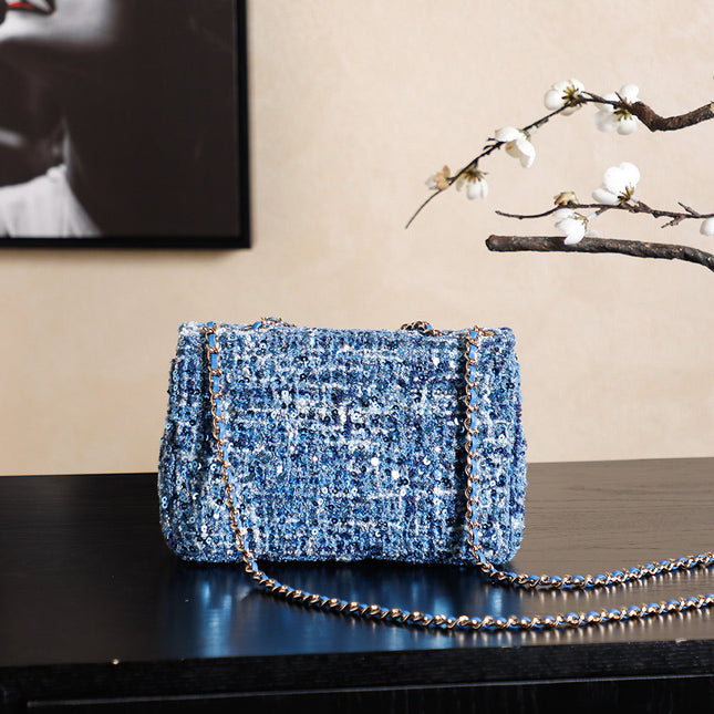 CHANEL 25S FLAP BAG 21 CM IN BLUE SEQUINED TWEED WITH GOLD HARDWARE
