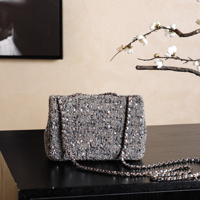 CHANEL 25S FLAP BAG 21 CM IN DARK GREY SEQUINED TWEED