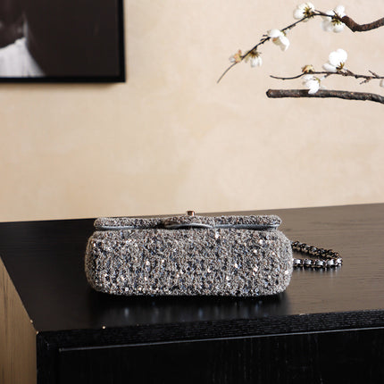 CHANEL 25S FLAP BAG 21 CM IN DARK GREY SEQUINED TWEED