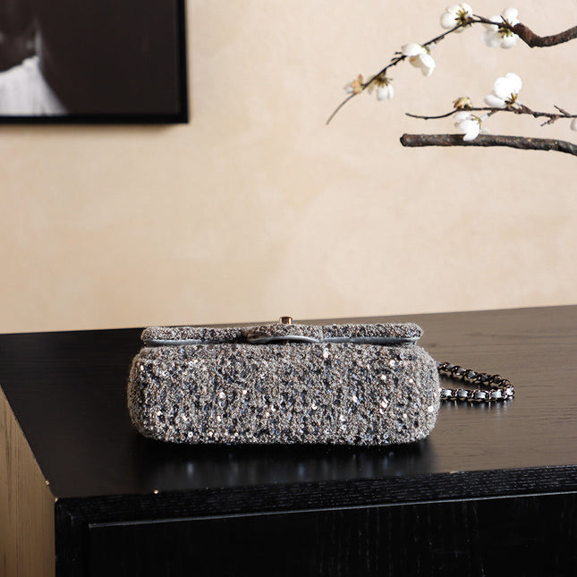 CHANEL 25S FLAP BAG 21 CM IN DARK GREY SEQUINED TWEED