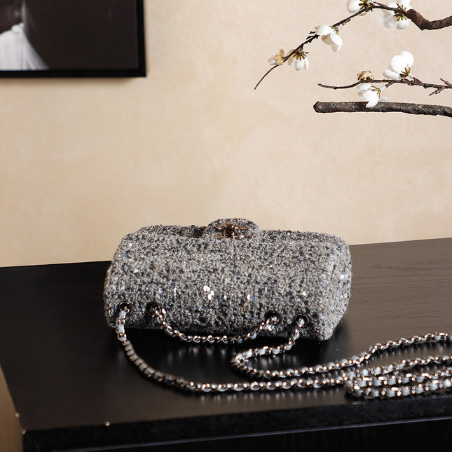 CHANEL 25S FLAP BAG 21 CM IN DARK GREY SEQUINED TWEED