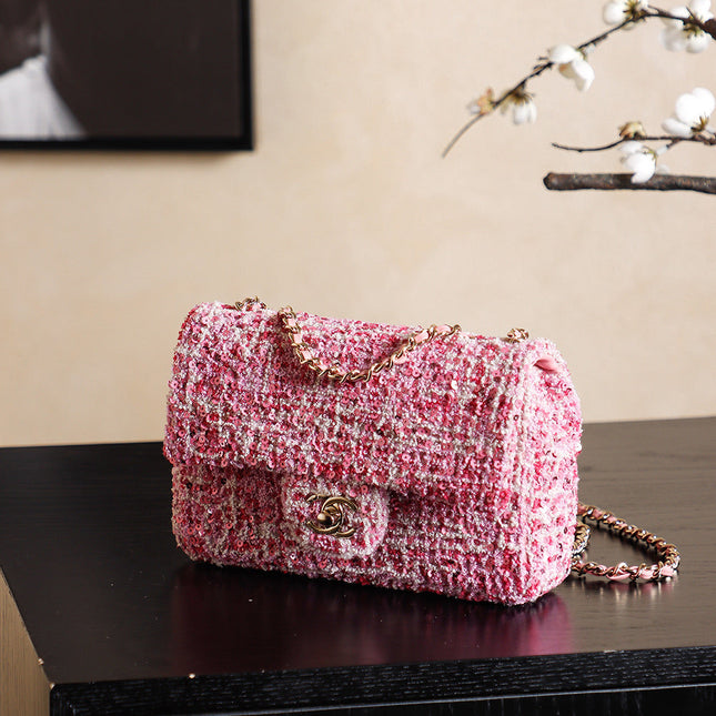 CHANEL 25S FLAP BAG 21 CM IN PINK SEQUINED TWEED WITH GOLD HARDWARE