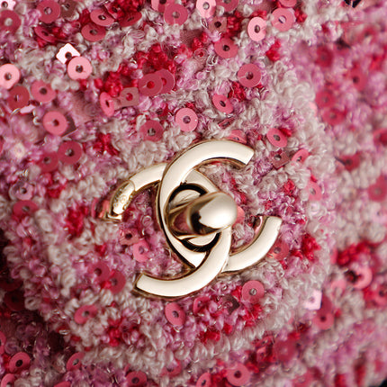 CHANEL 25S FLAP BAG 21 CM IN PINK SEQUINED TWEED WITH GOLD HARDWARE