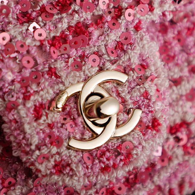 CHANEL 25S FLAP BAG 21 CM IN PINK SEQUINED TWEED WITH GOLD HARDWARE