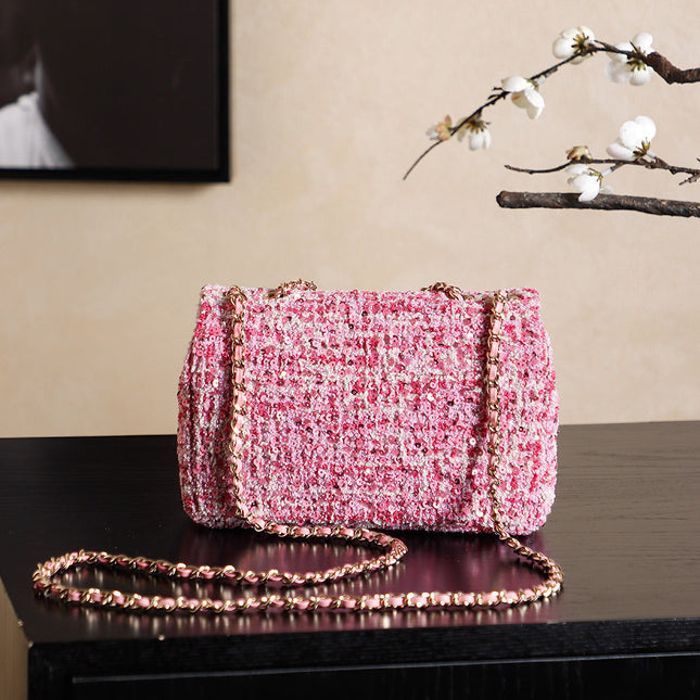 CHANEL 25S FLAP BAG 21 CM IN PINK SEQUINED TWEED WITH GOLD HARDWARE