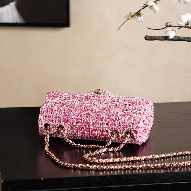 CHANEL 25S FLAP BAG 21 CM IN PINK SEQUINED TWEED WITH GOLD HARDWARE