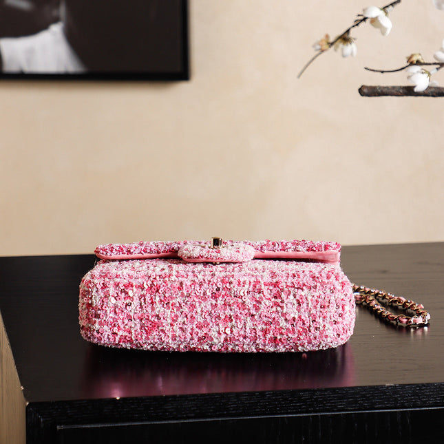 CHANEL 25S FLAP BAG 21 CM IN PINK SEQUINED TWEED WITH GOLD HARDWARE