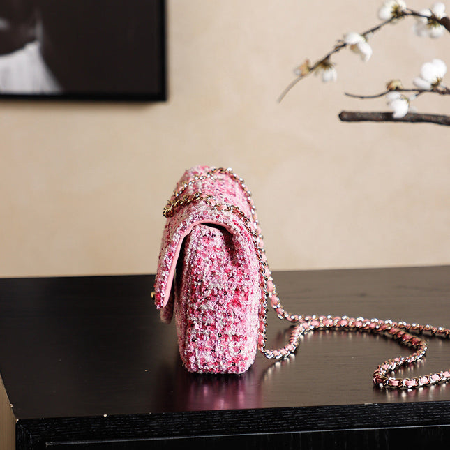 CHANEL 25S FLAP BAG 21 CM IN PINK SEQUINED TWEED WITH GOLD HARDWARE