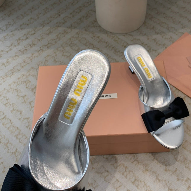 Silver Mid - Heels With Black Bow Calfskin