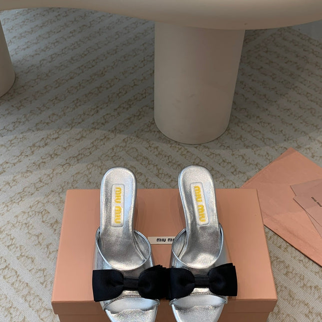 Silver Mid - Heels With Black Bow Calfskin