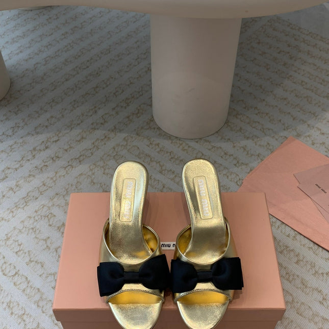 Metallic Gold Mid - Heels With Black Bow Calfskin