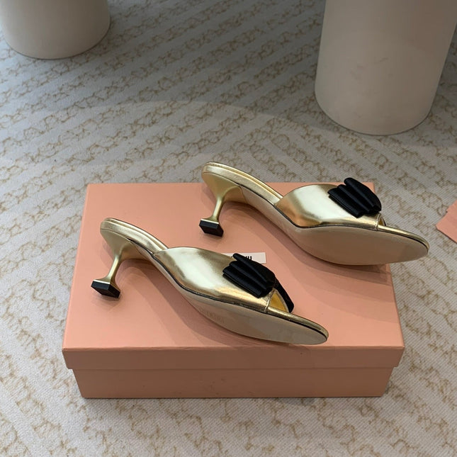 Metallic Gold Mid - Heels With Black Bow Calfskin