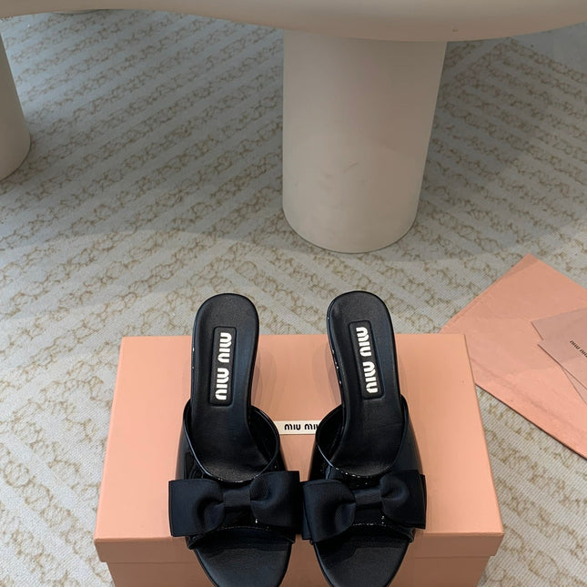 Black Mid - Heels With Black Bow Calfskin