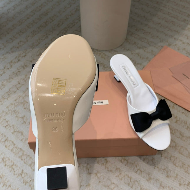 White Mid - Heels With Black Bow Calfskin