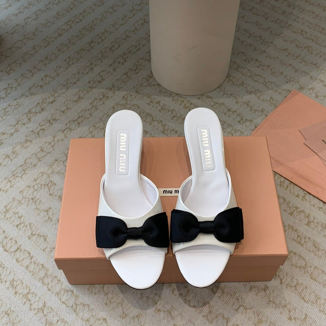 White Mid - Heels With Black Bow Calfskin
