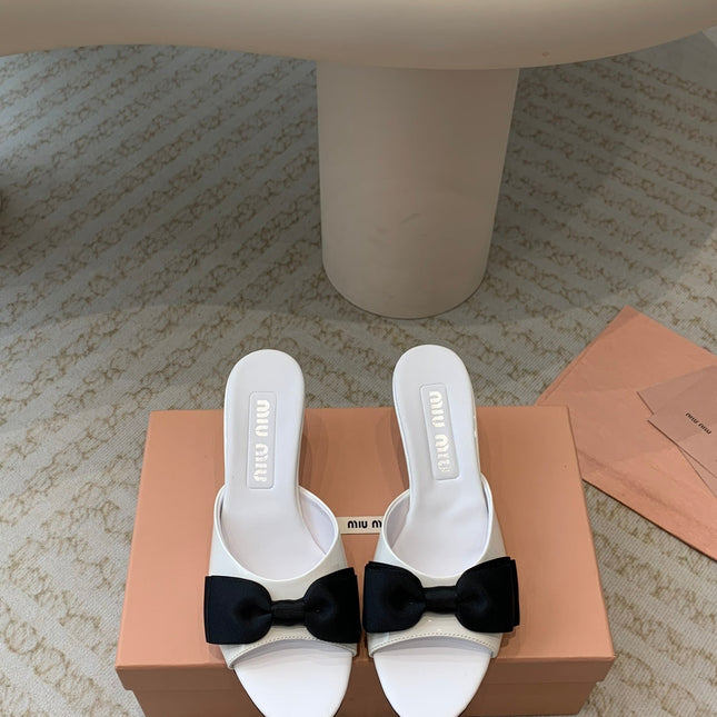 White Mid - Heels With Black Bow Calfskin
