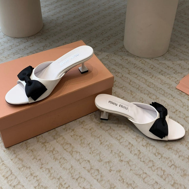 White Mid - Heels With Black Bow Calfskin