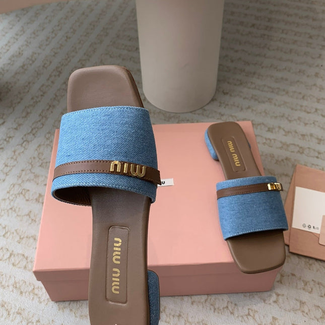 Women's Caramel Denim Slippers With Azure Blue Straps And Belt