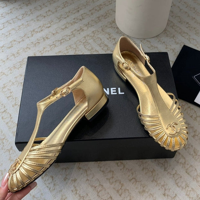 Summer New Hollow Roman Sandals Gold Sheepskin