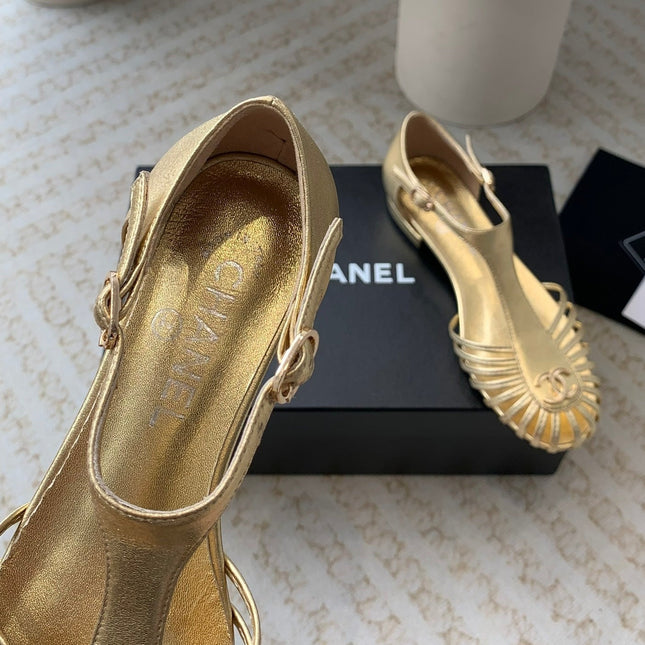Summer New Hollow Roman Sandals Gold Sheepskin
