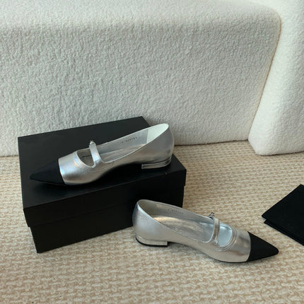 Pointed Toe Mary Jane Shoes Silver Mix Black Lambskin