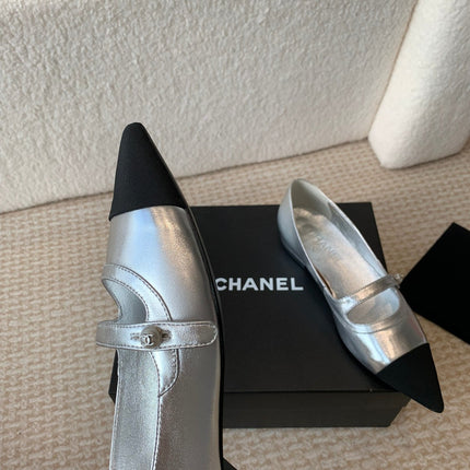 Pointed Toe Mary Jane Shoes Silver Mix Black Lambskin