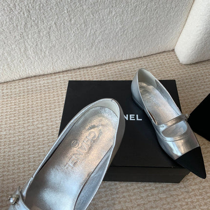 Pointed Toe Mary Jane Shoes Silver Mix Black Lambskin