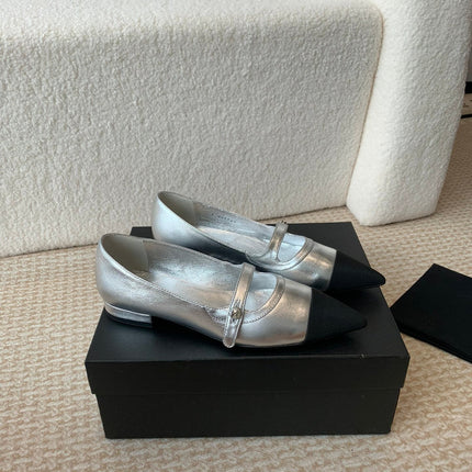 Pointed Toe Mary Jane Shoes Silver Mix Black Lambskin