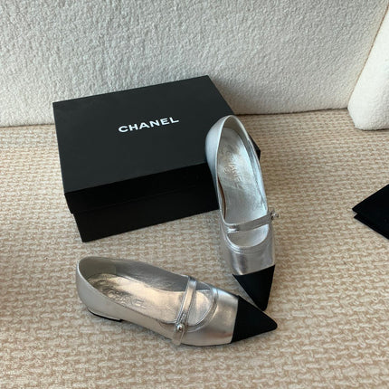 Pointed Toe Mary Jane Shoes Silver Mix Black Lambskin