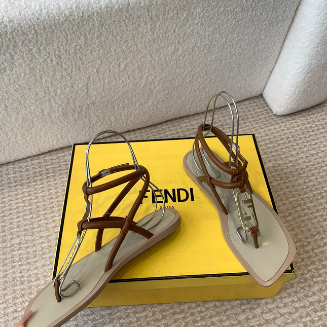 FENDI O'LOCK THONG SANDAL BROWN CALFSKIN WITH GOLD HARDWARE