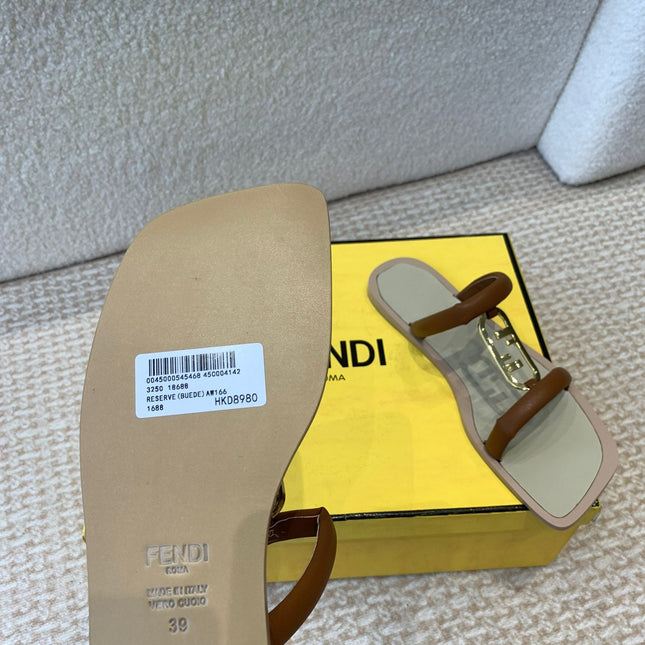 FENDI O'LOCK SLIDES BROWN CALFSKIN WITH GOLD HARDWARE