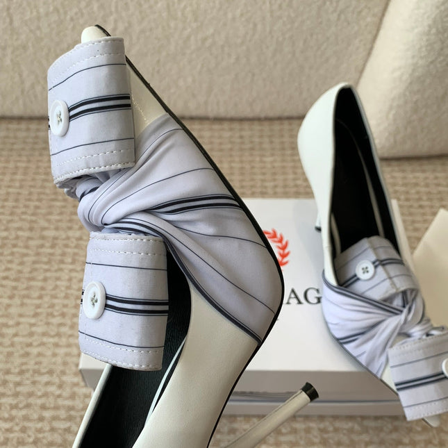KNIFE CHEMISE HIGH PUMPS IN WHITE COTTON AND CALFSKIN