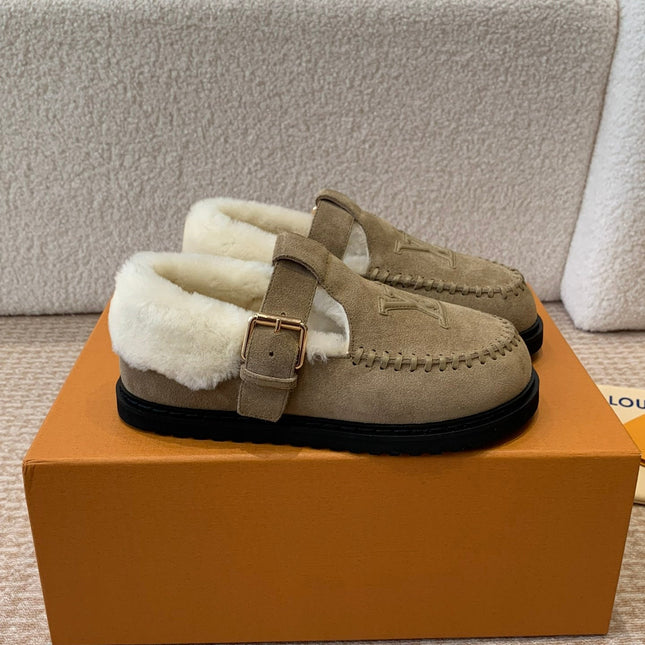 COLORADO COMFORT MARY JANE IN KHAKI GREEN SUEDE AND SHEARLING LINING