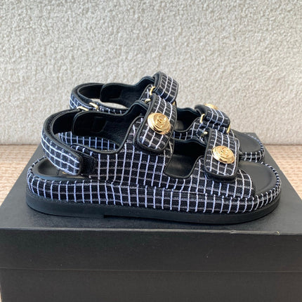 DAD SANDAL IN BLACK MIX WHITE DENIM FABRIC